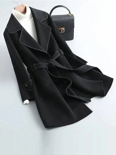 Ladies' Winter Thermal Heated Pea Coat with Belt and Maillard Lapel