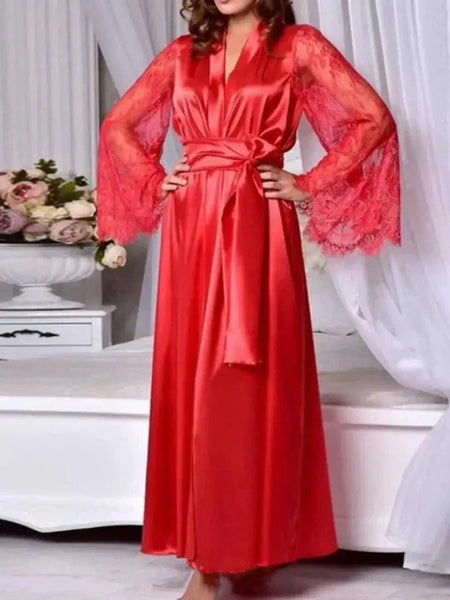 Lady Nightgown See-through Long Sleeves Lace Satin Solid Color Mesh Tight Waist Lace Up Sexy Women Bathrobe for Sleeping