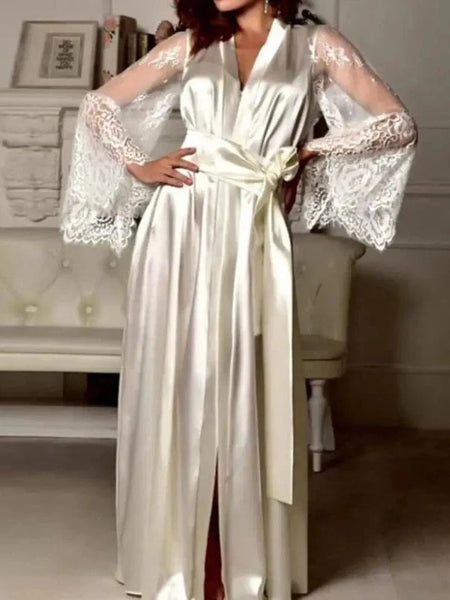 Lady Nightgown See-through Long Sleeves Lace Satin Solid Color Mesh Tight Waist Lace Up Sexy Women Bathrobe for Sleeping