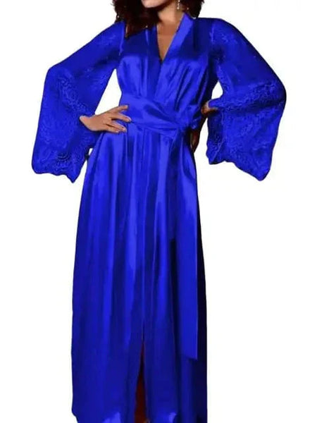 Lady Nightgown See-through Long Sleeves Lace Satin Solid Color Mesh Tight Waist Lace Up Sexy Women Bathrobe for Sleeping