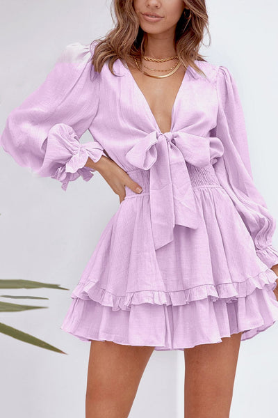 Printed Waist Strap V Neck Long Sleeved Mini Dress