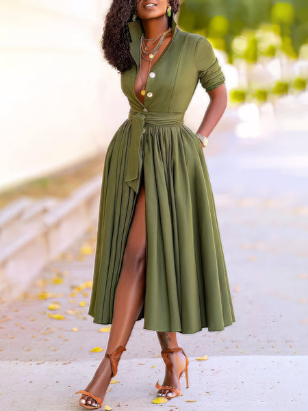 Lapel Button Belt Mid Sleeve Shirt Dress