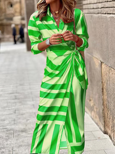 Women's Lapel Striped Print Belted Long Sleeve Dress