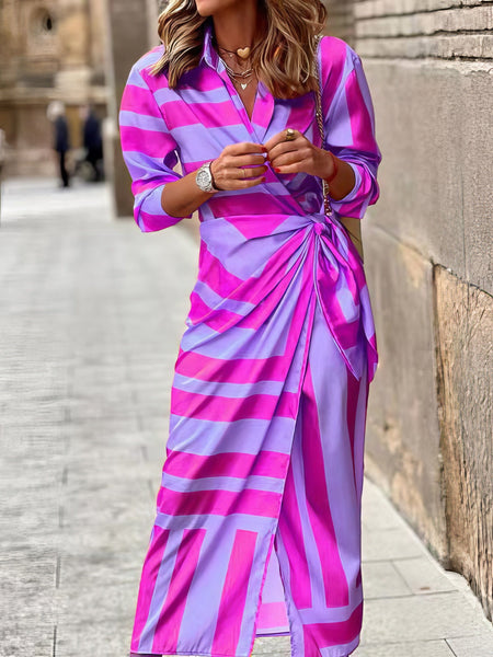 Women's Lapel Striped Print Belted Long Sleeve Dress
