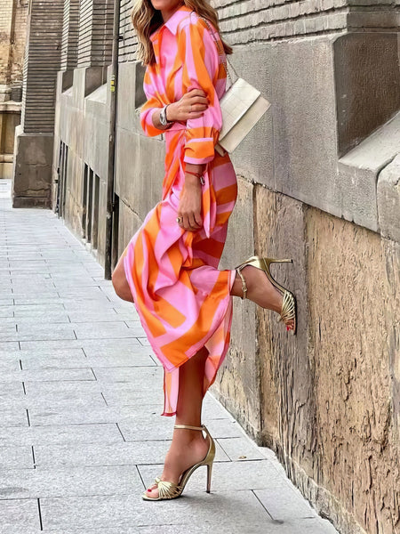 Women's Lapel Striped Print Belted Long Sleeve Dress