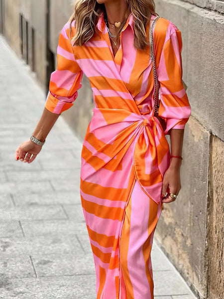 Women's Lapel Striped Print Belted Long Sleeve Dress