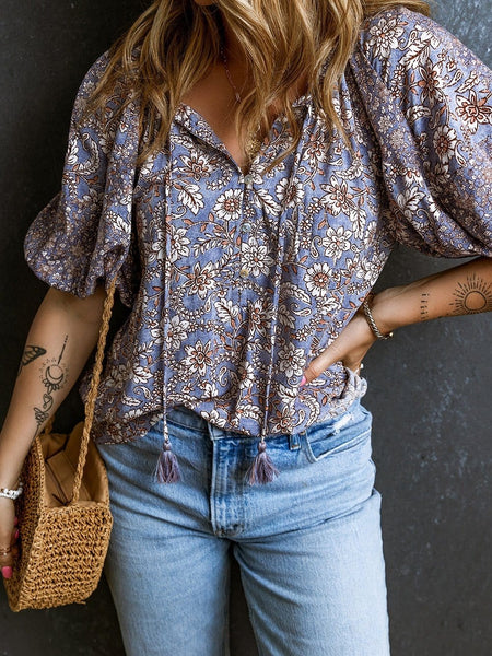 Lavender Blossom Fringe Tie V-Neck Bubble Sleeve Top