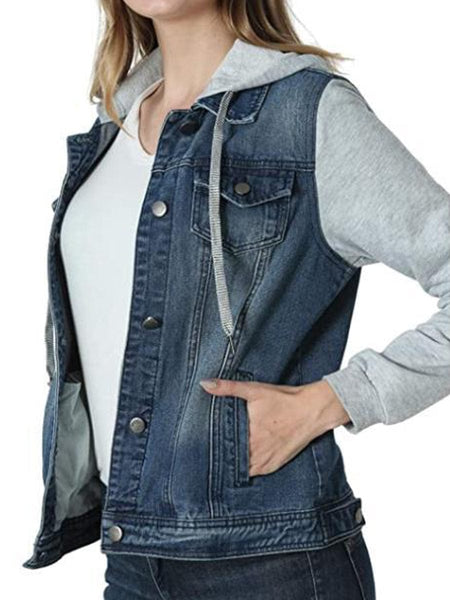 Women's Mixed-Media Hooded Denim Jacket with Rhinestone Drawstrings