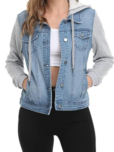 Women's Mixed-Media Hooded Denim Jacket with Rhinestone Drawstrings
