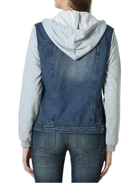 Women's Mixed-Media Hooded Denim Jacket with Rhinestone Drawstrings