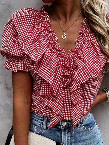 Women's Layered Plaid Short Sleeve V-Neck Lotus Leaf Blouses