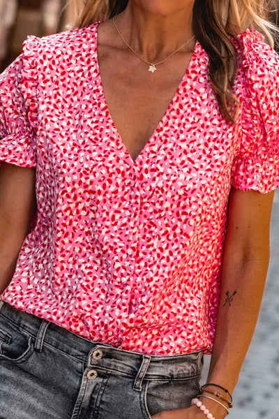 Women's Layered Plaid Short Sleeve V-Neck Lotus Leaf Blouses