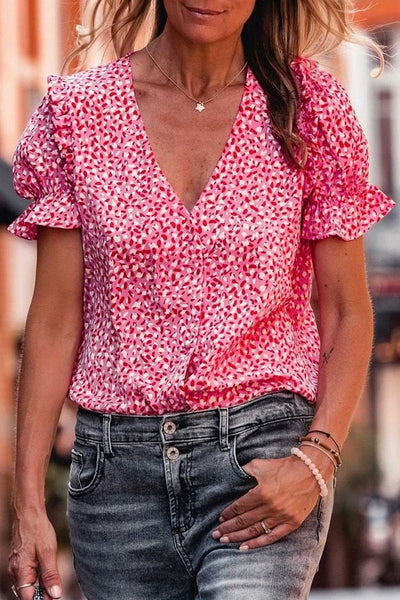 Women's Layered Plaid Short Sleeve V-Neck Lotus Leaf Blouses