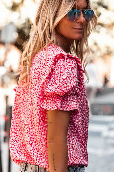 Women's Layered Plaid Short Sleeve V-Neck Lotus Leaf Blouses
