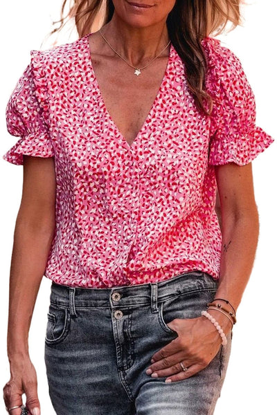 Women's Layered Plaid Short Sleeve V-Neck Lotus Leaf Blouses