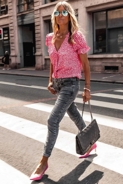 Women's Layered Plaid Short Sleeve V-Neck Lotus Leaf Blouses
