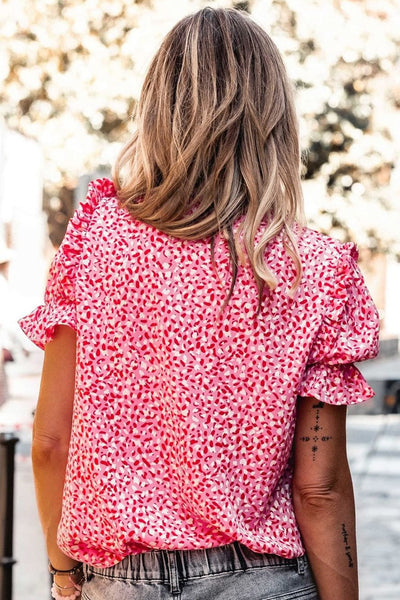 Women's Layered Plaid Short Sleeve V-Neck Lotus Leaf Blouses
