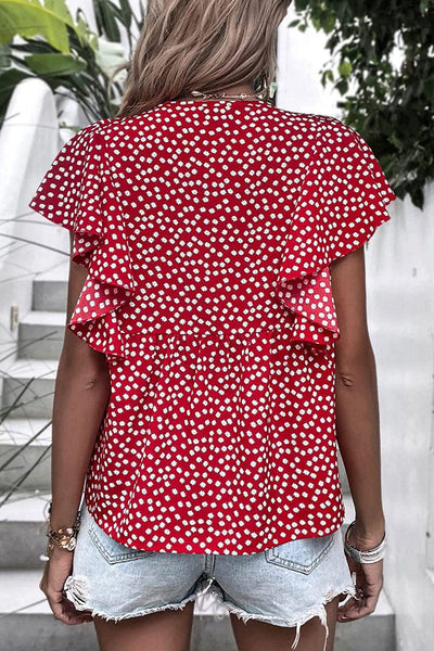 Women's Layered Plaid Short Sleeve V-Neck Lotus Leaf Blouses