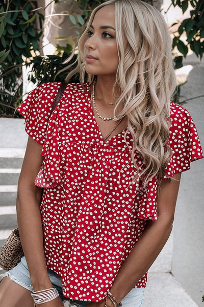 Women's Layered Plaid Short Sleeve V-Neck Lotus Leaf Blouses