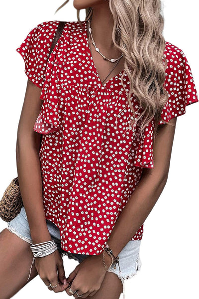 Women's Layered Plaid Short Sleeve V-Neck Lotus Leaf Blouses