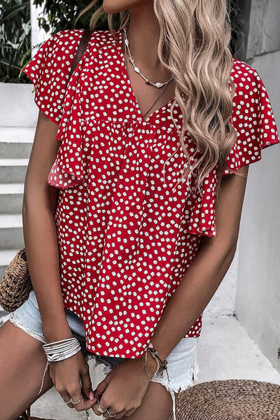 Women's Layered Plaid Short Sleeve V-Neck Lotus Leaf Blouses