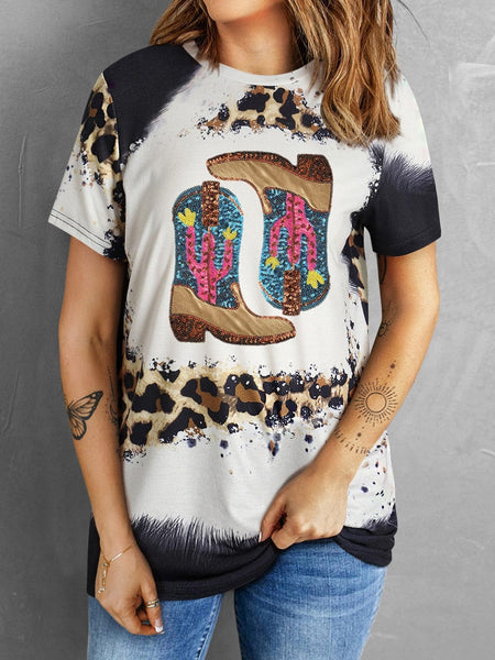 Leopard Cowboy Boots Graphic T Shirt with Sequin Cactus Detail