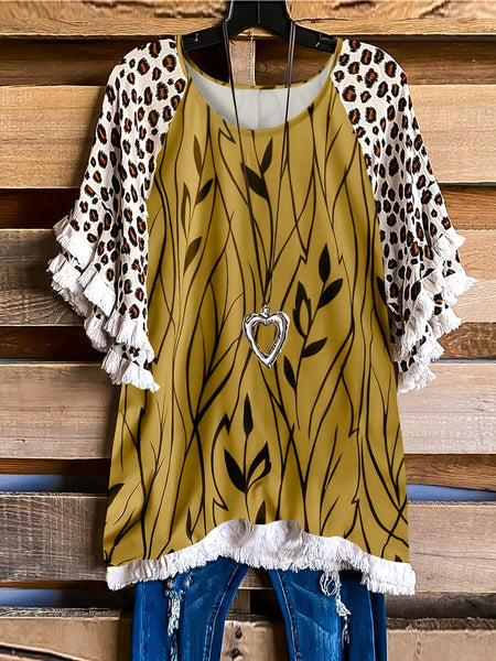 Leopard Print Boho T-shirt for Plus Size Women