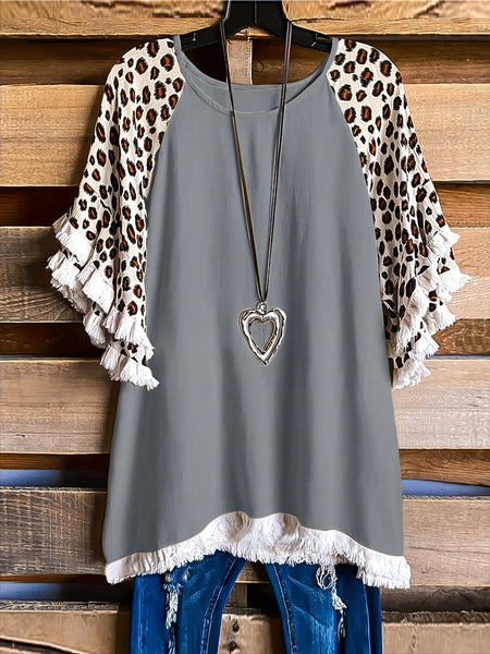 Leopard Print Boho T-shirt for Plus Size Women