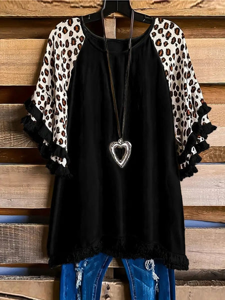 Leopard Print Boho T-shirt for Plus Size Women