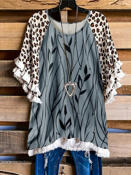 Leopard Print Boho T-shirt for Plus Size Women