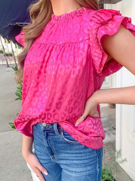 Leopard Print Chiffon Blouse With Ruffle Sleeves
