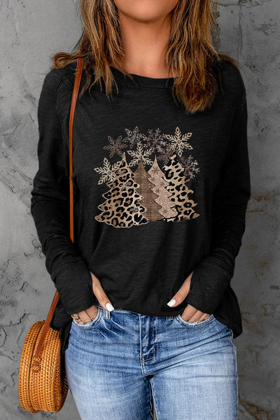Leopard Print Christmas Tree Black Top with Thumbhole Sleeves