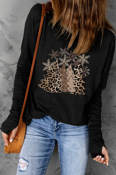 Leopard Print Christmas Tree Black Top with Thumbhole Sleeves