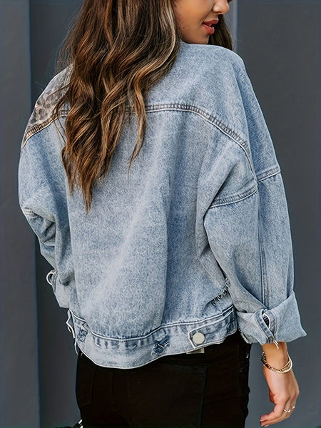 Leopard Print Color Block Long Sleeve Lapel Denim Jacket