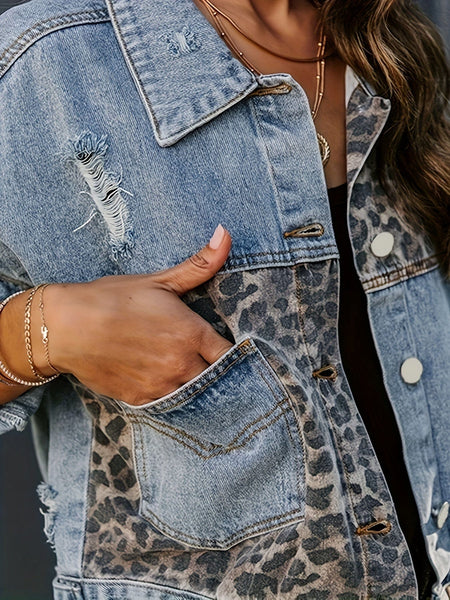 Leopard Print Color Block Long Sleeve Lapel Denim Jacket