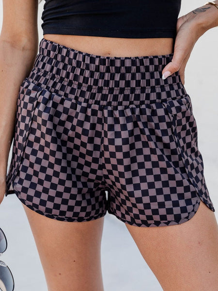 Women's Brown and Black Checkered Workout Shorts