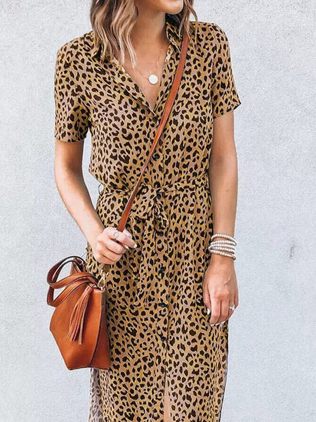 Women's Khaki Leopard Print Button-Down Midi Dress with Waist Tie