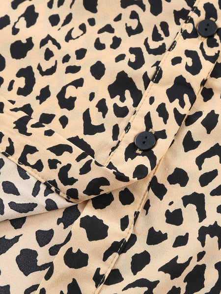 Women's Khaki Leopard Print Button-Down Midi Dress with Waist Tie