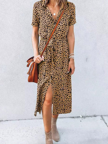 Women's Khaki Leopard Print Button-Down Midi Dress with Waist Tie