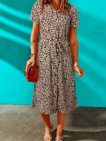 Women's Khaki Leopard Print Button-Down Midi Dress with Waist Tie