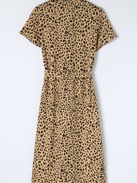 Women's Khaki Leopard Print Button-Down Midi Dress with Waist Tie