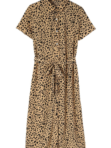 Women's Khaki Leopard Print Button-Down Midi Dress with Waist Tie