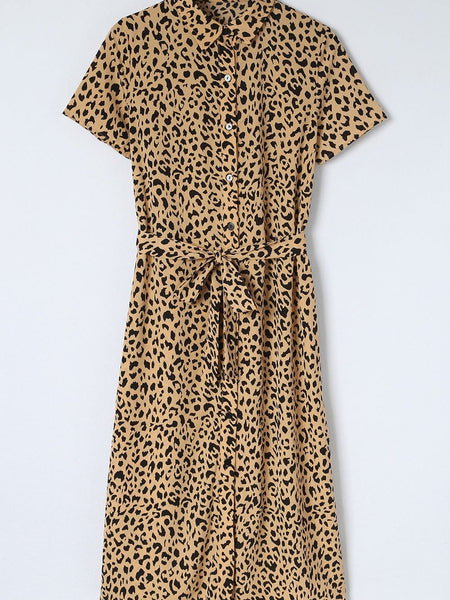 Women's Khaki Leopard Print Button-Down Midi Dress with Waist Tie