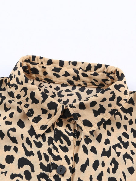 Women's Khaki Leopard Print Button-Down Midi Dress with Waist Tie