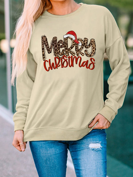 Leopard Print Merry Christmas Hat Khaki Graphic Sweatshirt