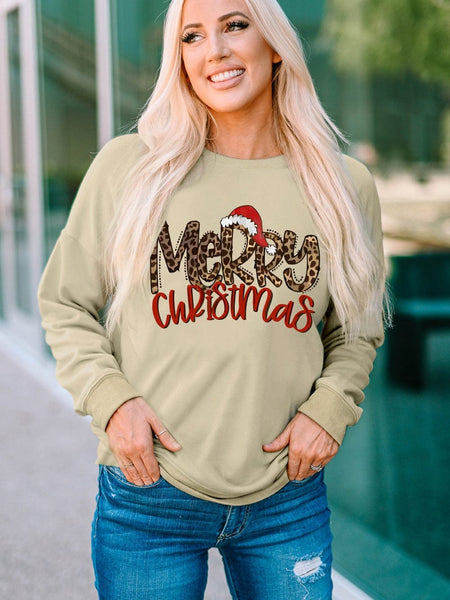 Leopard Print Merry Christmas Hat Khaki Graphic Sweatshirt