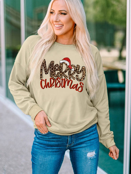 Leopard Print Merry Christmas Hat Khaki Graphic Sweatshirt