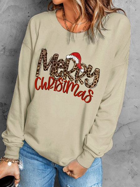 Leopard Print Merry Christmas Hat Khaki Graphic Sweatshirt