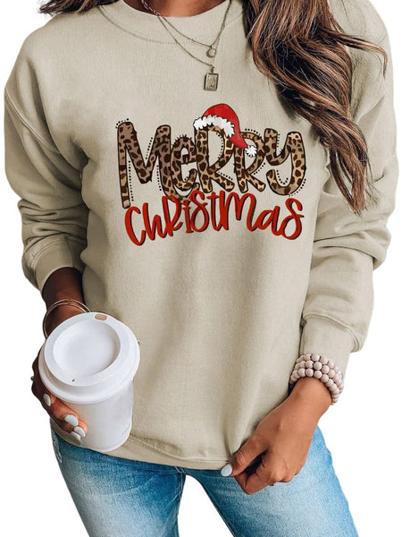 Leopard Print Merry Christmas Hat Khaki Graphic Sweatshirt