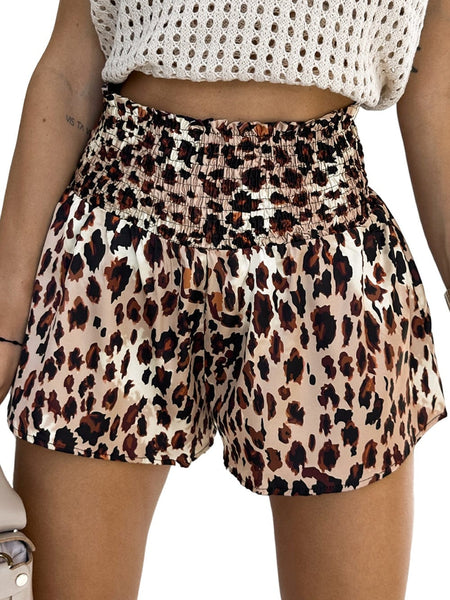 Leopard Print Smocked High Waist Casual Shorts with Flared Fit